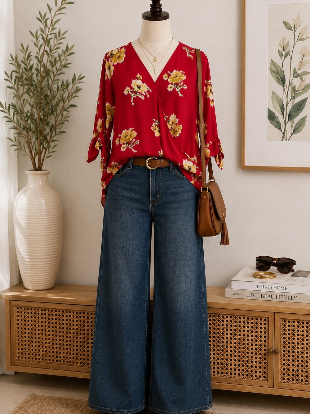 West Kei Red Floral Wrap Blouse Size S Tie Sleeve High Low Top